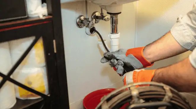 Drain cleaning technician using a motorized plumbing snake to clear a clogged sink pipe in Chicago, IL